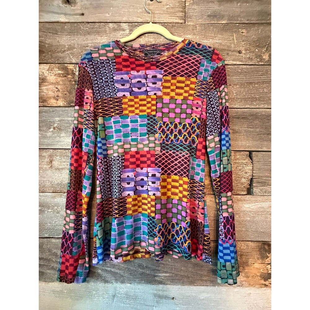 Johnny Was Isadora Waves Mesh Tee Patchwork Long Sleeve Top Size M